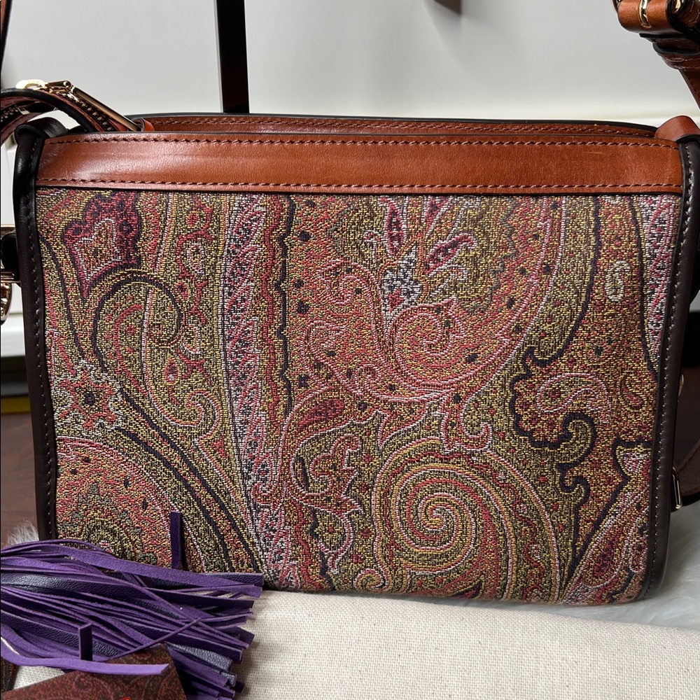 ETRO Brown Paisley Crossbody Bag with Orange Trim, Purple Tassel Like New - Picture 4 of 17
